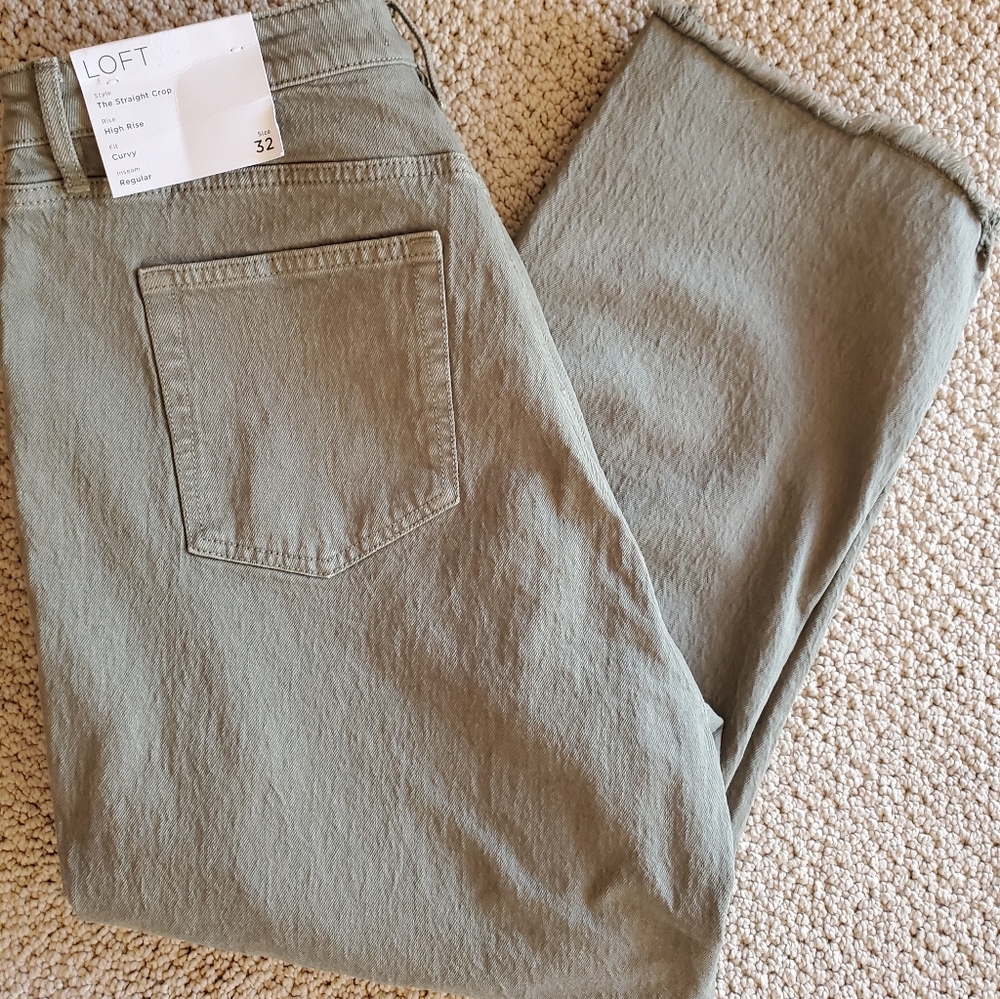 LOFT The Curvy High Waist Straight Crop Jean Frayed Cuffs Moss Green - NWT